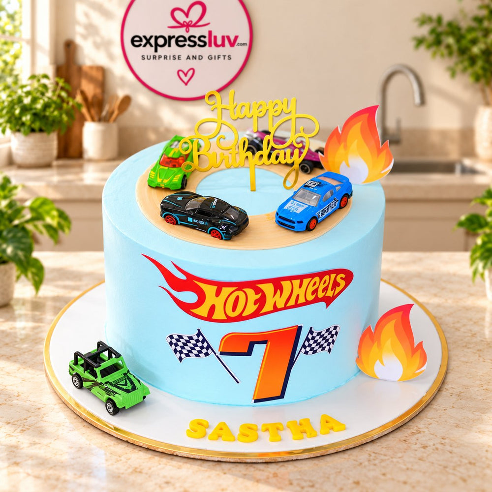 Hot Wheels Cake design, photographed on a sunlit marble counter — delivery in India