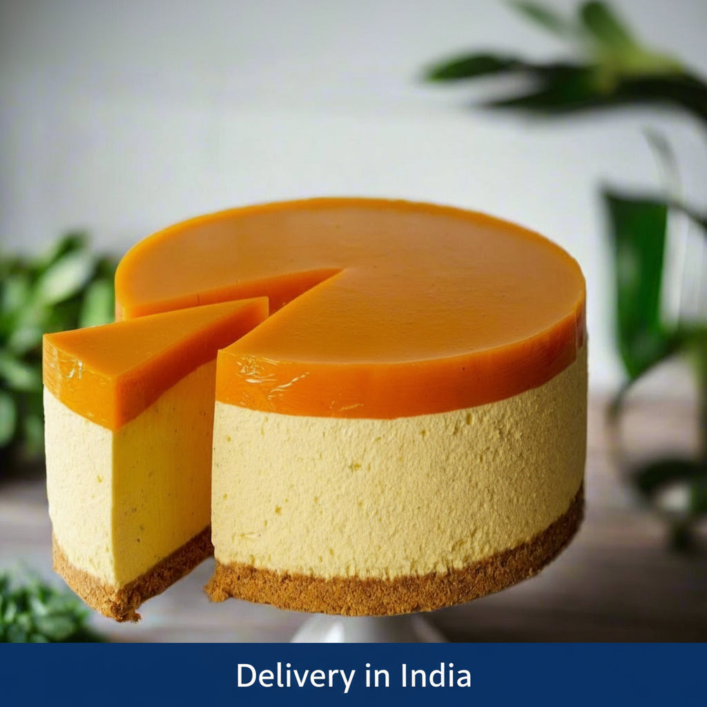 Mango Cheesecake - 1 kg — pale cheesecake layer and glossy mango-coloured top; India
