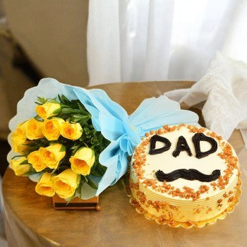 Cake for Dad 500 grams and Yellow Roses Bunch – India