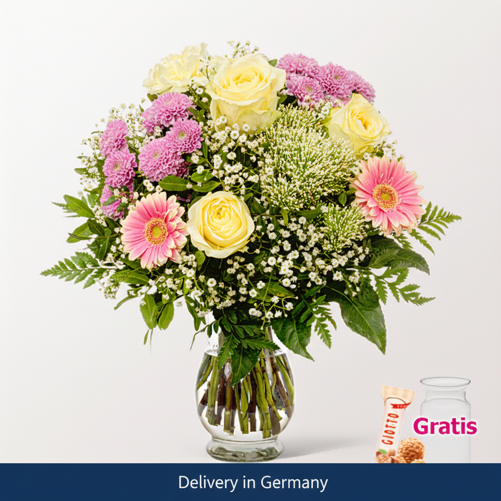 Flower bouquet with Ferrero chocolates and vase for flower delivery in Cologne Germany