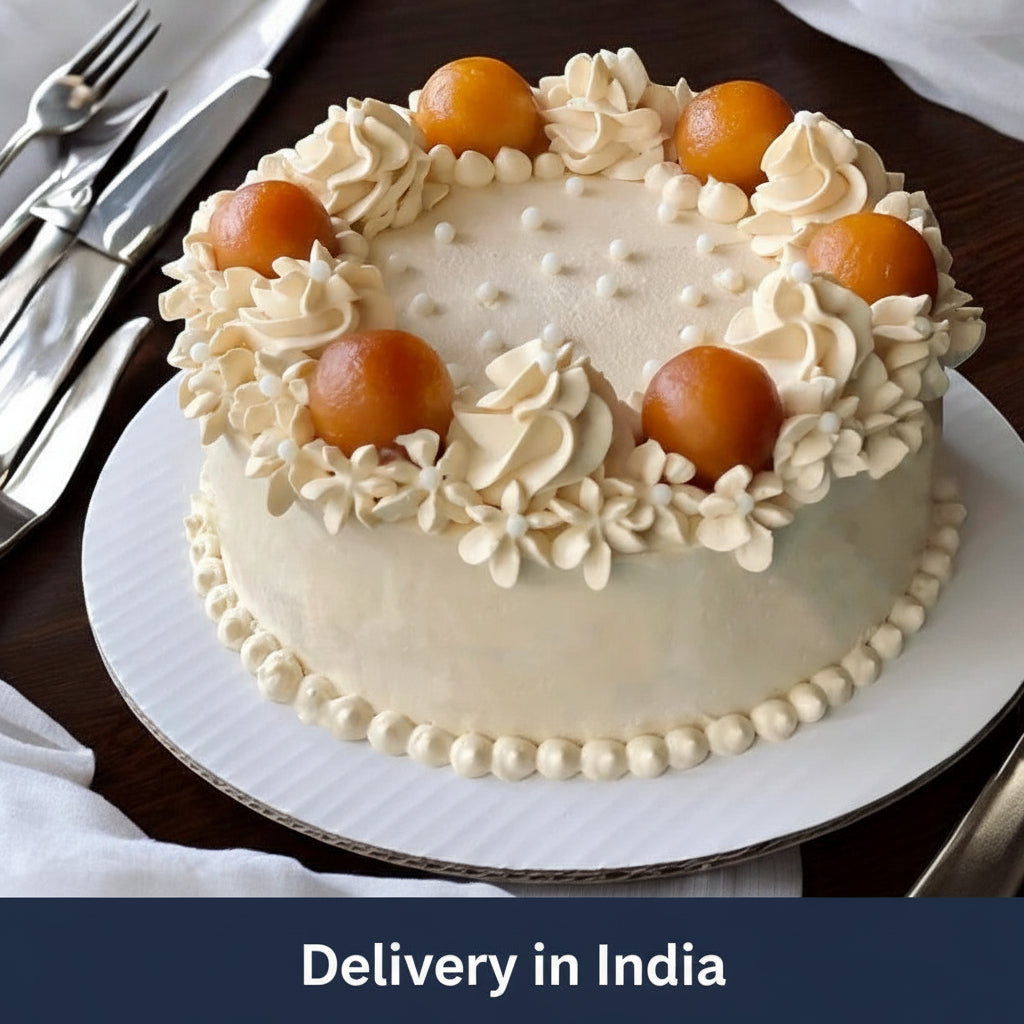 Gulab Jamun Cake 1 kg — pale piped cream with golden round sweet toppings; India