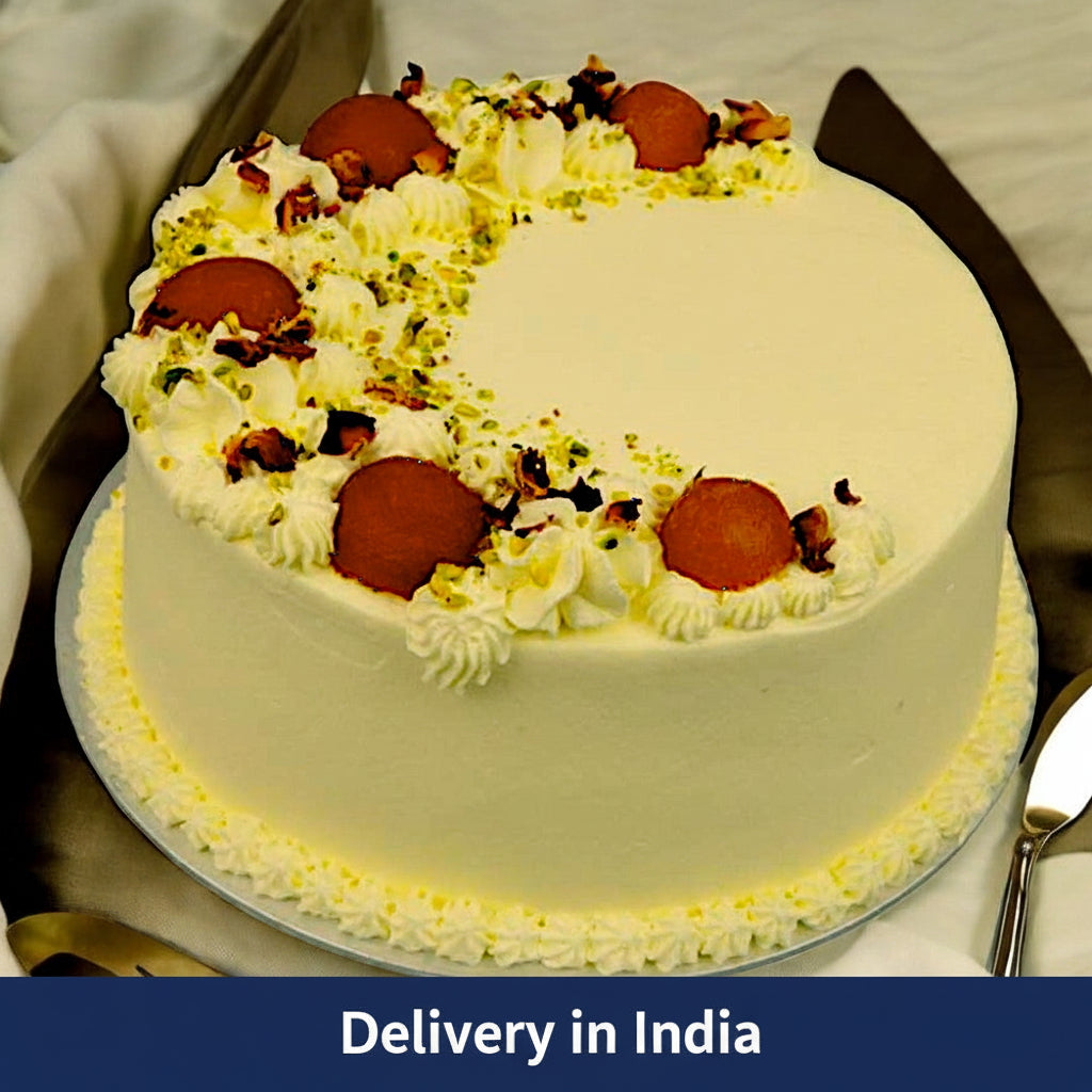 Gulab Jamun Cake - 1 kg — yellow finish and gulab-jamun-style round toppings; India