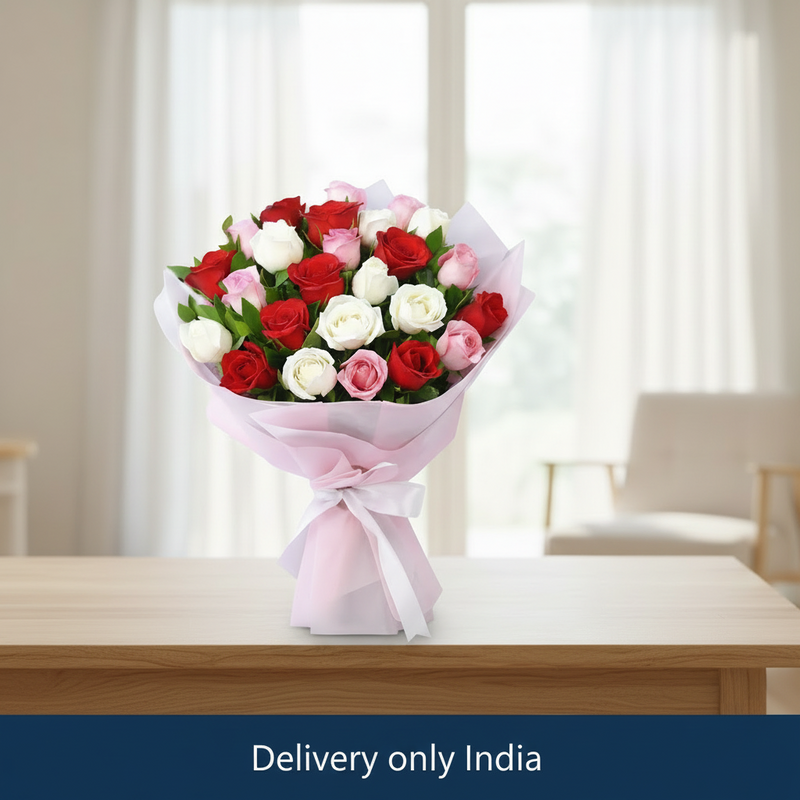 Red, White, Pink Roses Bunch - India