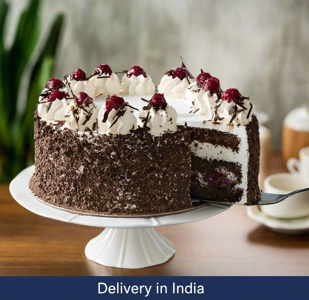 Cherry Decor Chocolate Cake — dark textured finish, cream dollops and cherries; India