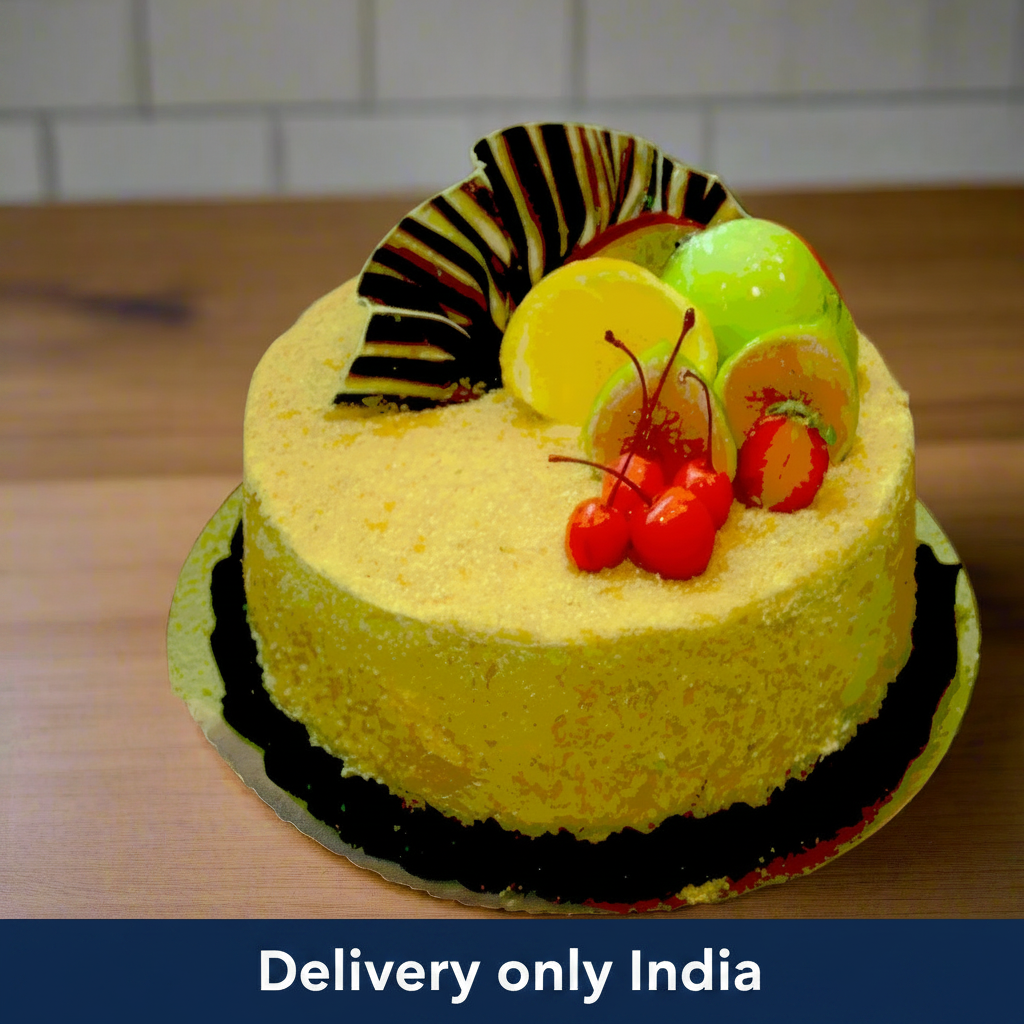 Belgian-Style Butterscotch Cake — golden crumb finish, sliced fruit and dark striped decorative fans; India