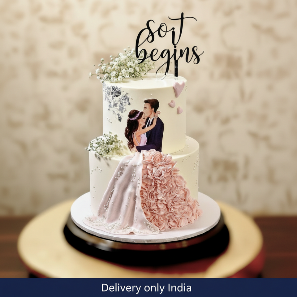 Special Engagement Cake — white engagement styling with a photo-style panel and pink textures; India