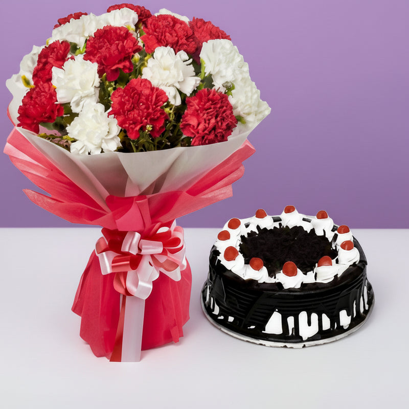 Black Forest Cake 500 grams and Carnations Bouquet