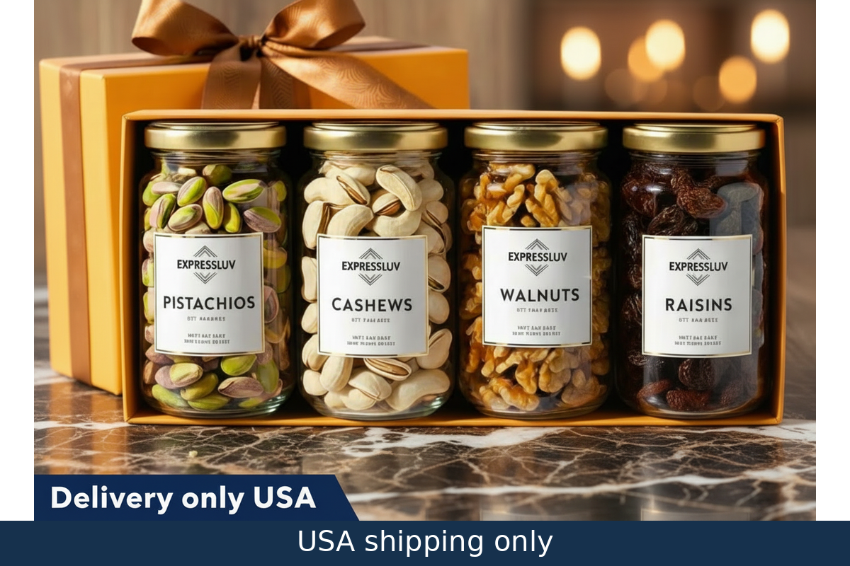 Gift set of four jars with nuts and dried fruits in a decorative box.