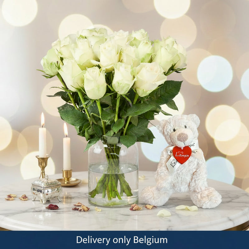 Beautiful White roses and cute teddy bear - Belgium