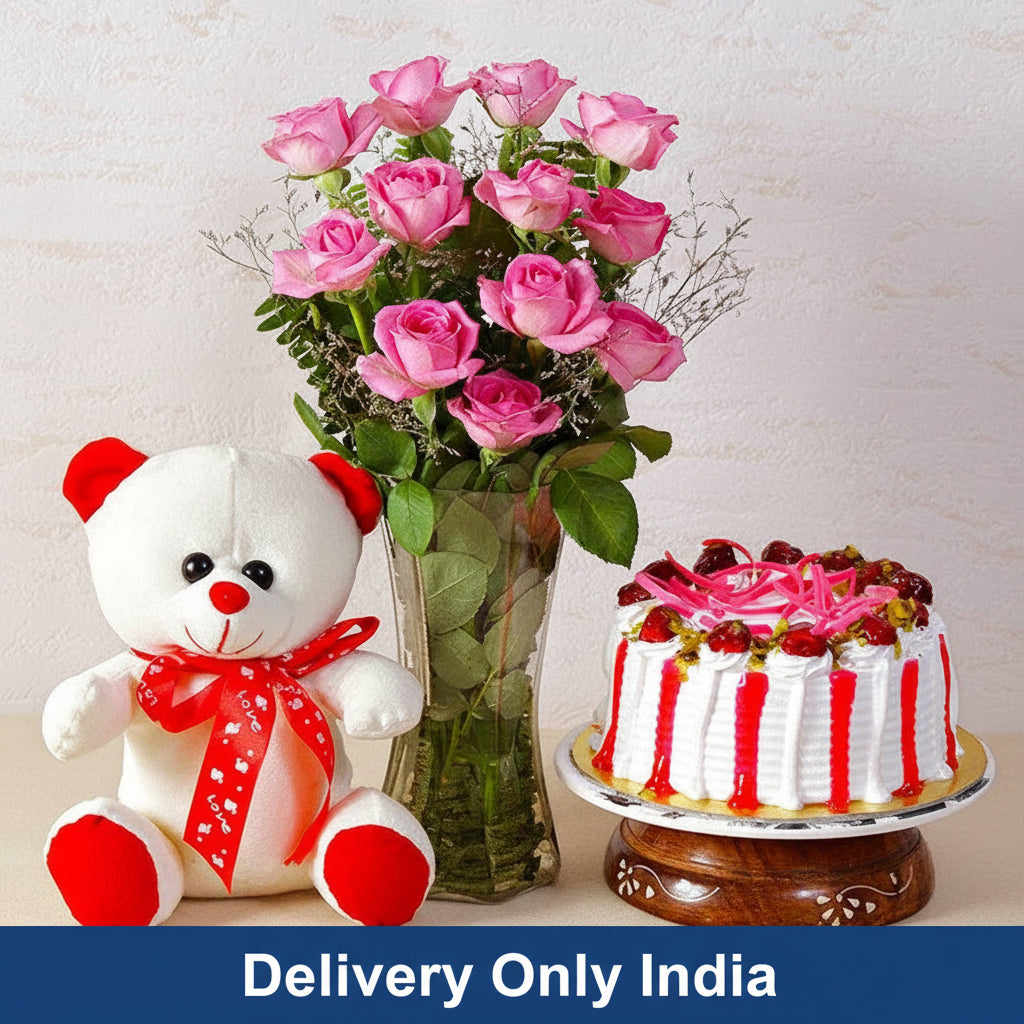 Bouquet, Cake & Teddy; Gift Combo – India