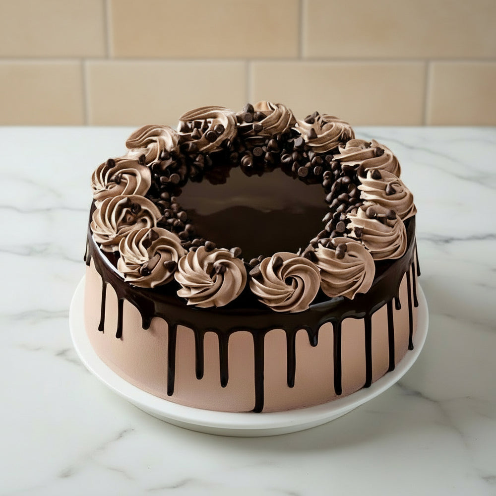 Rosette Chocolate Cake — chocolate-coloured cream rosettes and dark drip finish; India
