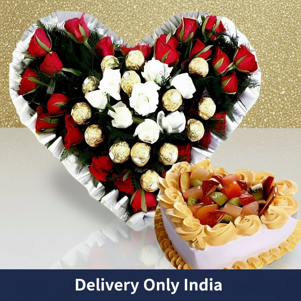 Heart-shaped Cake & Bouquet – India