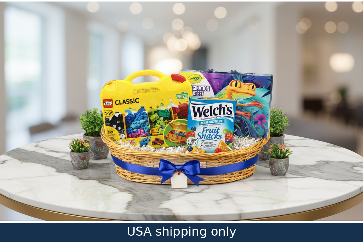 Gift basket with LEGO set, Crayola kit, and Welch's fruit snacks on a white background