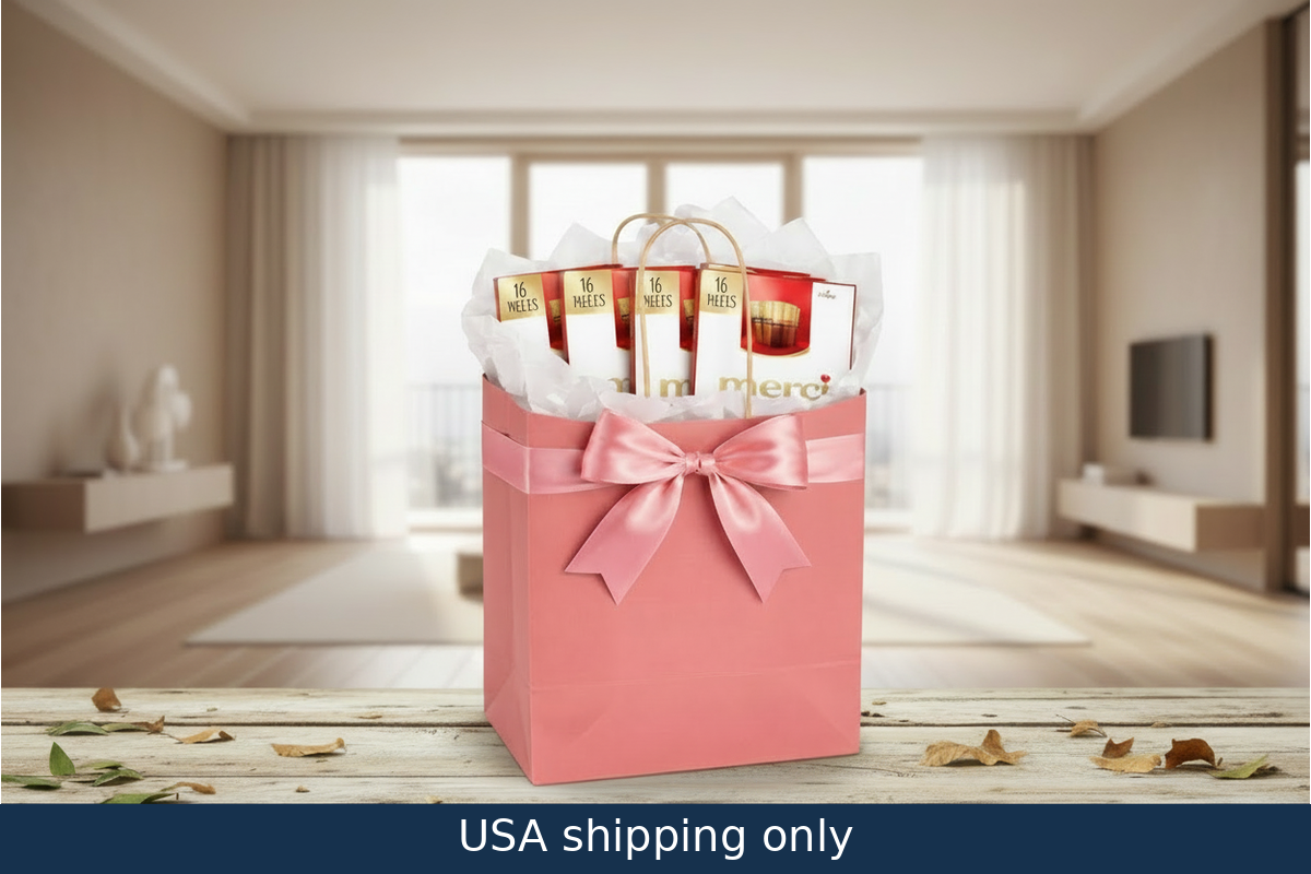 Pink gift box with a bow containing red and white packages labeled '16 Pieces' on a white background