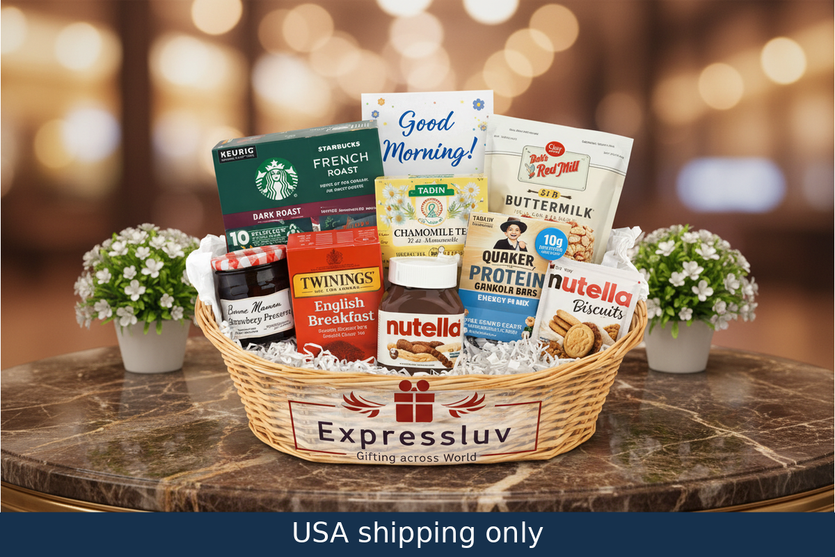 Gift basket with Starbucks coffee, tea, and snacks 