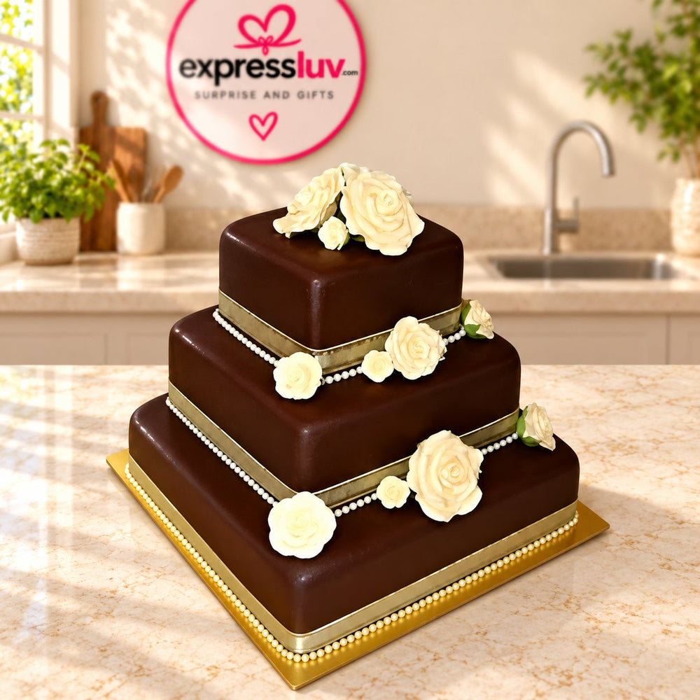3 Step Chocolate Cake, photographed on a sunlit marble counter — delivery in India