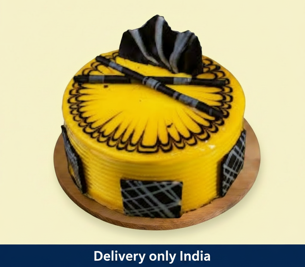 Creamy Pineapple Cake — yellow glaze, dark drizzle and contrasting decorative panels; India