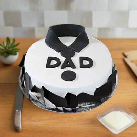 Dad Shirt and Collar Cake — white shirt-and-collar styling and DAD lettering; India