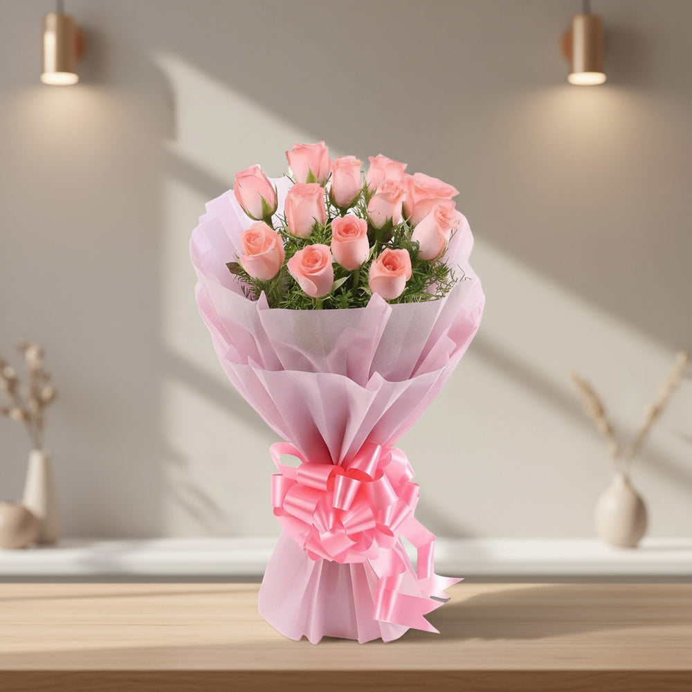 12 Pink Roses Bunch - India