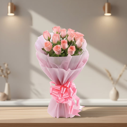 12 Pink Roses Bunch - India