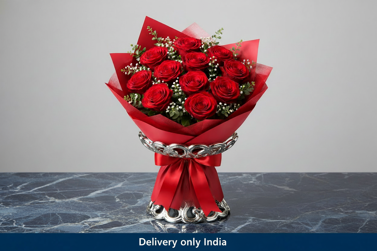 12 Premium Red Roses Bouquet – India