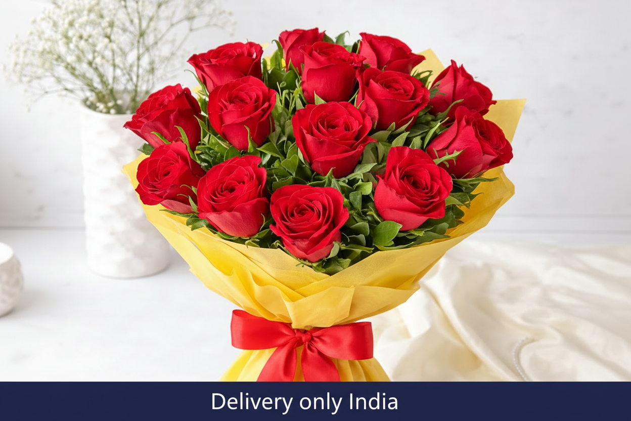 Bouquet of red roses wrapped in yellow paper with a red ribbon on a white background