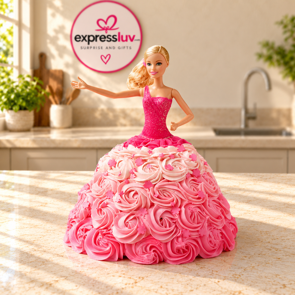 Doll Design Cake, photographed on a sunlit marble counter — delivery in India