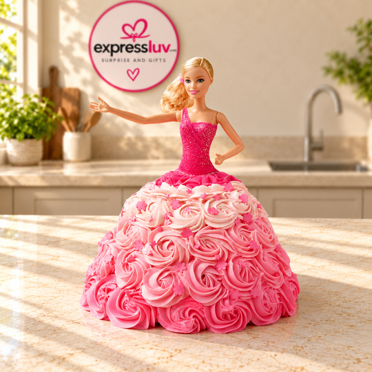 Doll Design Cake, photographed on a sunlit marble counter — delivery in India
