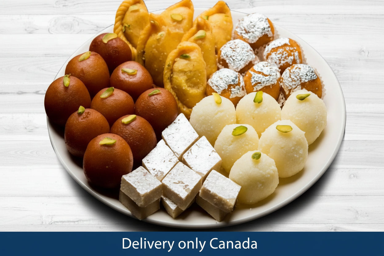 A plate of assorted sweets including what appears to be Gulab Jamun, Rasgullas, and other dessert items, arranged for presentation.