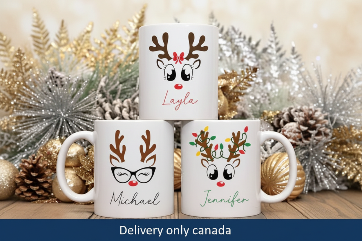 Family of 3 customized reindeer mugs with names