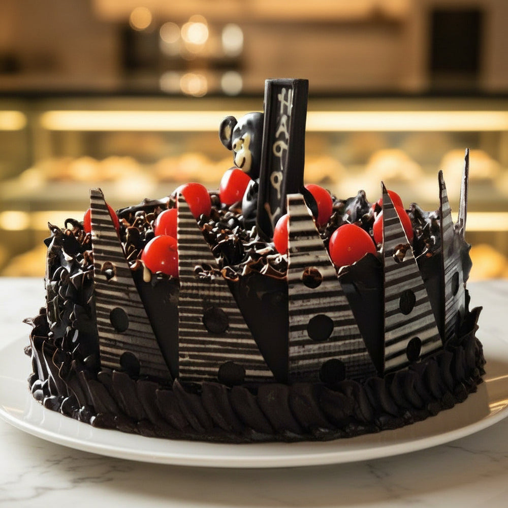 Chocolate Whirl Cake — dark-and-white striped decorations and strawberry topping; India