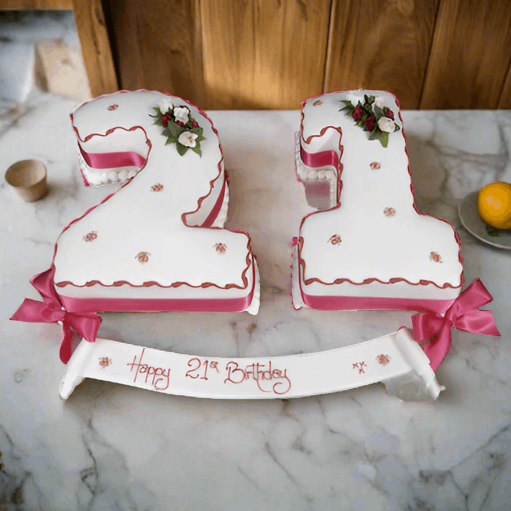 Number 21 Birthday Cake — a white number 21 design with pink floral accents; India