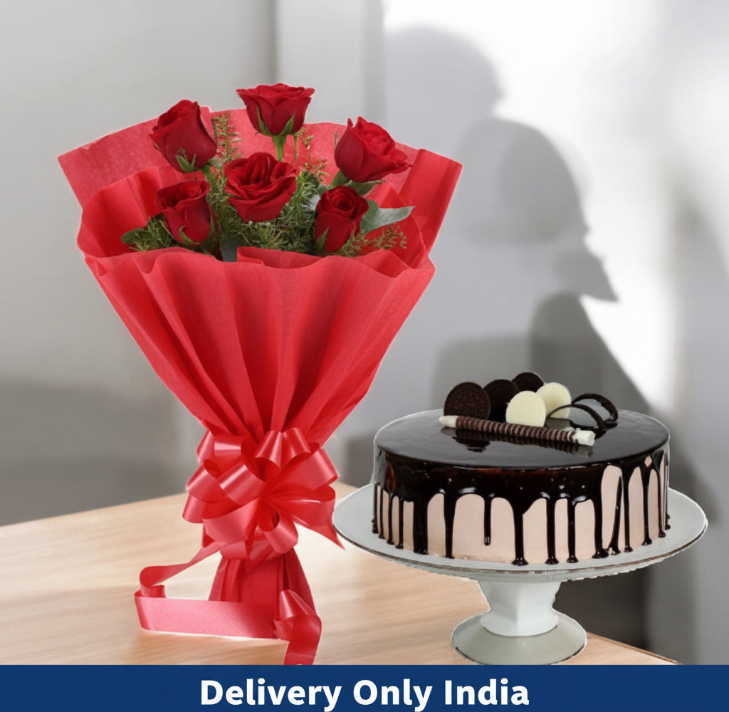 Chocolate Cake & Roses Bunch – India