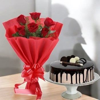 Chocolate Cake and Roses Bunch - India