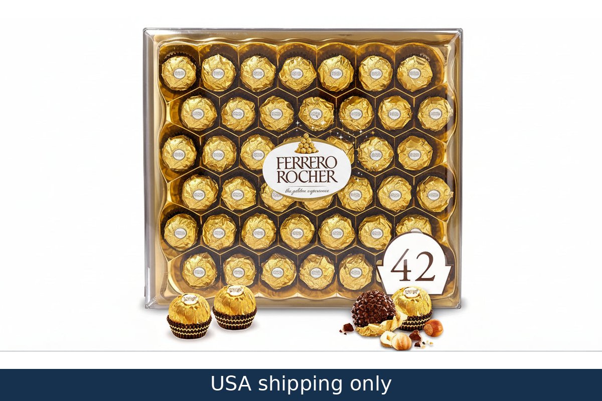 Ferrero Rocher chocolate box with 42 pieces on a white background, featuring the Ferrero Rocher logo.