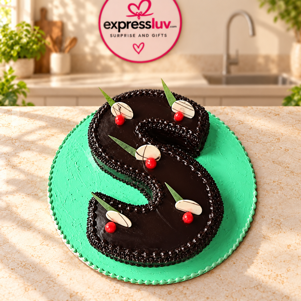 'S' Shape Cake for Birthday, photographed on a sunlit marble counter — delivery in India