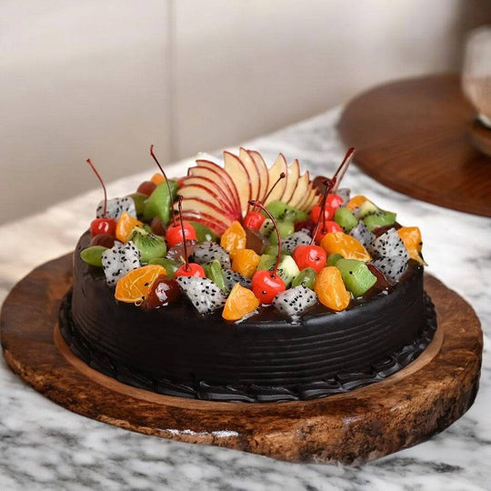 Chocolate Fruit Cake India — dark textured sides and a mixed-fruit topping; India