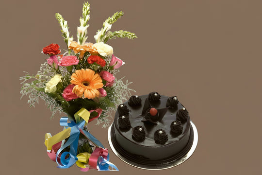 Chocolate cake and gerberas