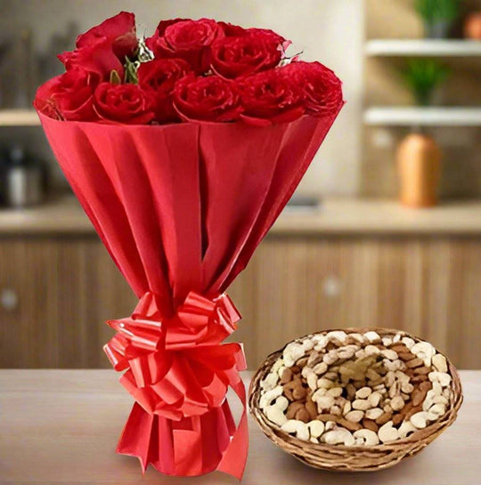 Dry Fruits and Red Roses Bouquet – India