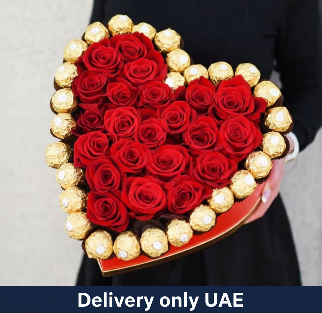 Heart-shaped Bouquet- Roses & Ferrero Rocher chocolates - UAE Delivery