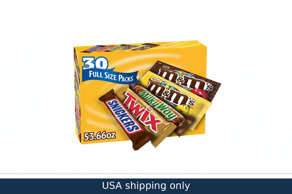 Box of candy bars including M&M's, Snickers, Twix, and Milky Way with a yellow background.