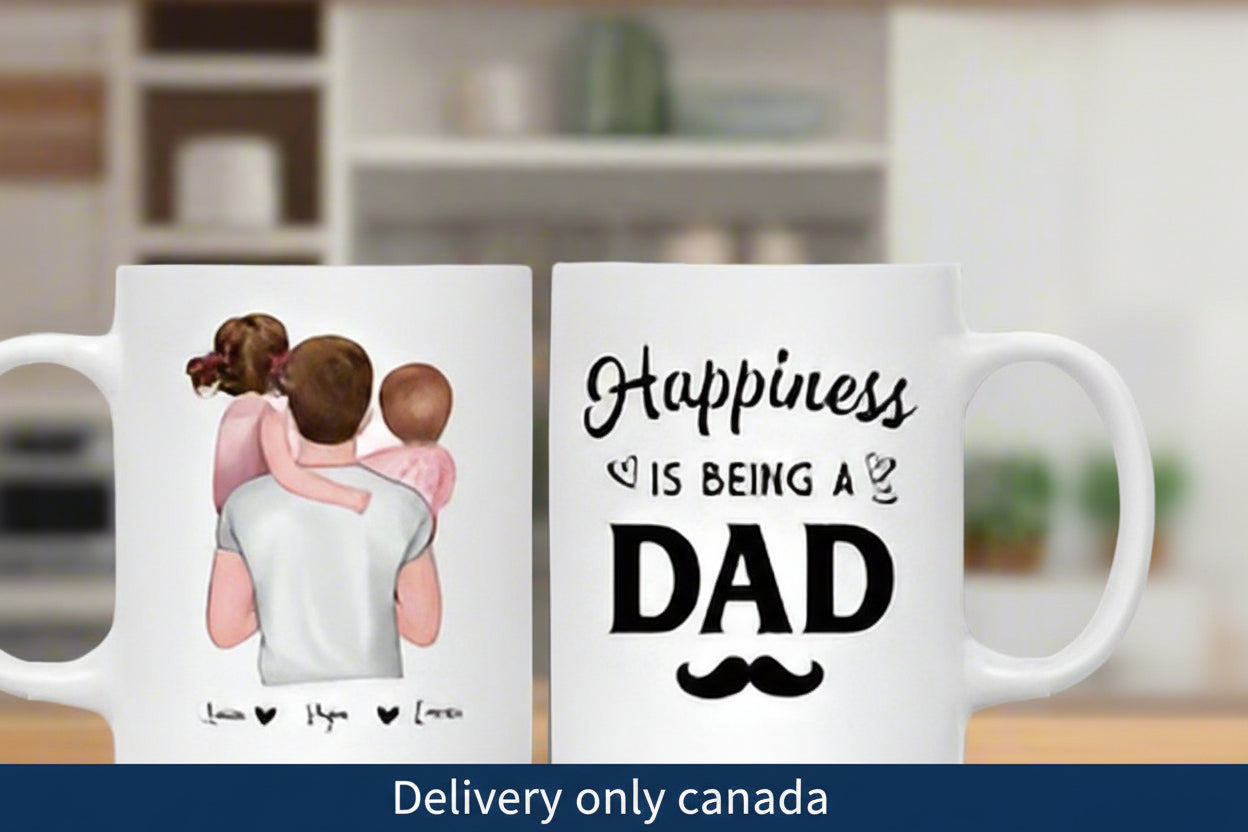 Two white ceramic mugs, one with a personalized picture of a father and two children, and the other with the text 'Happiness is being a DAD'. Delivery across Canada
