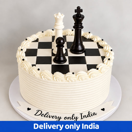 Chess Themed Birthday Cake — a black-and-white chessboard top and chess pieces; India