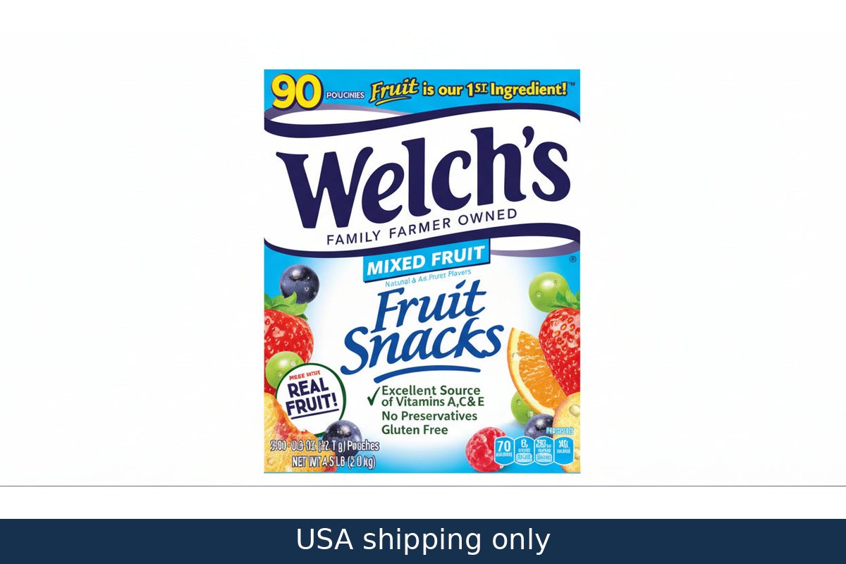 Welch's mixed fruit snack package on a white background with text indicating delivery only in the USA.