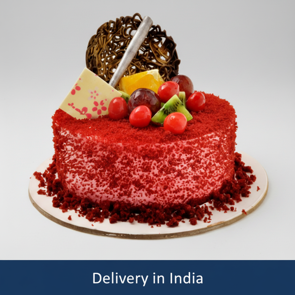 Fruit Topped Red Velvet Cake — red crumb finish with fruit and pale decorative shards; India