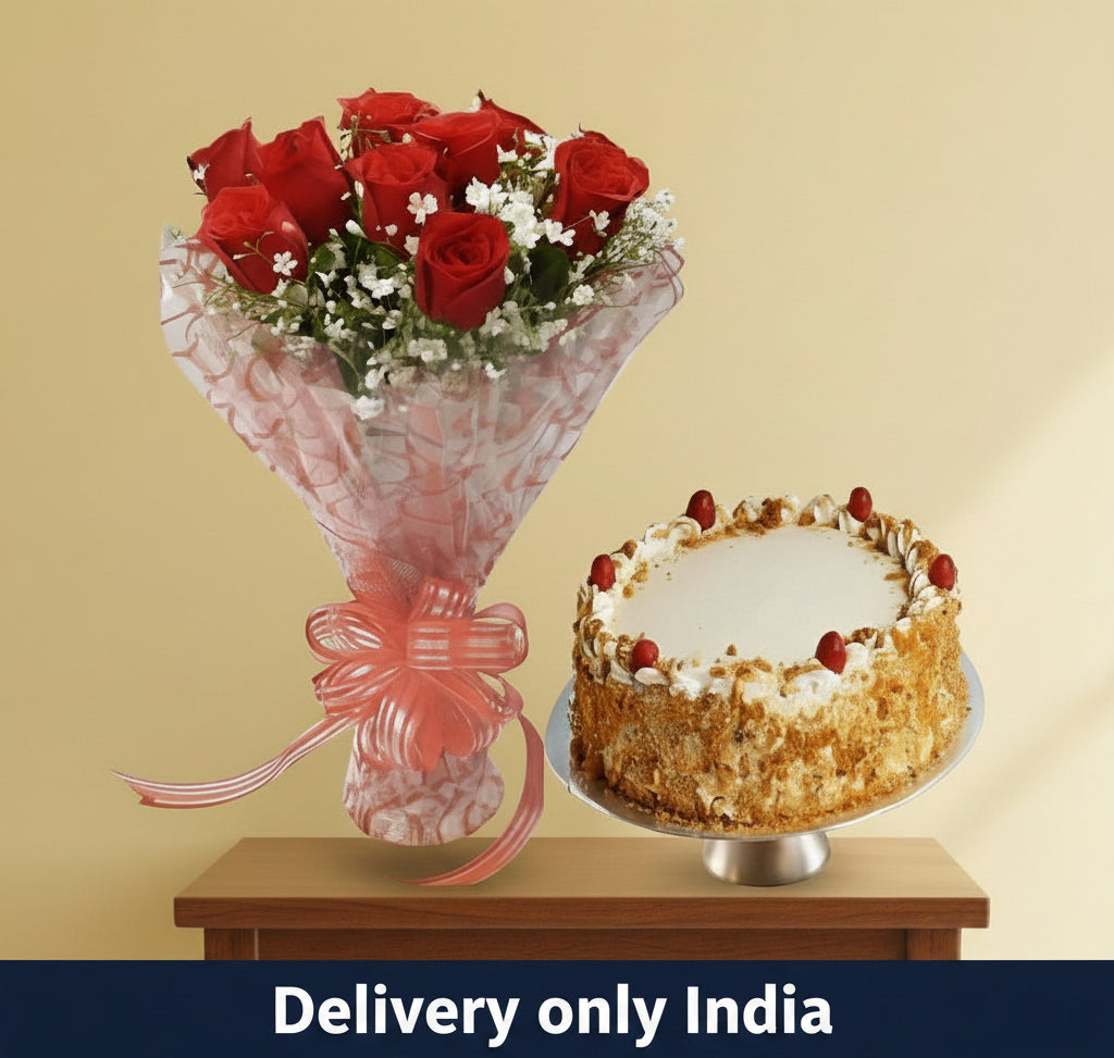 Butterscotch cake with Rose bouquet - Gift Combos