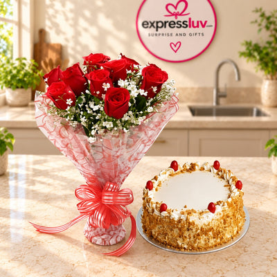 ButterScotch Cake & Red Roses Bunch, photographed on a sunlit marble counter — delivery in India