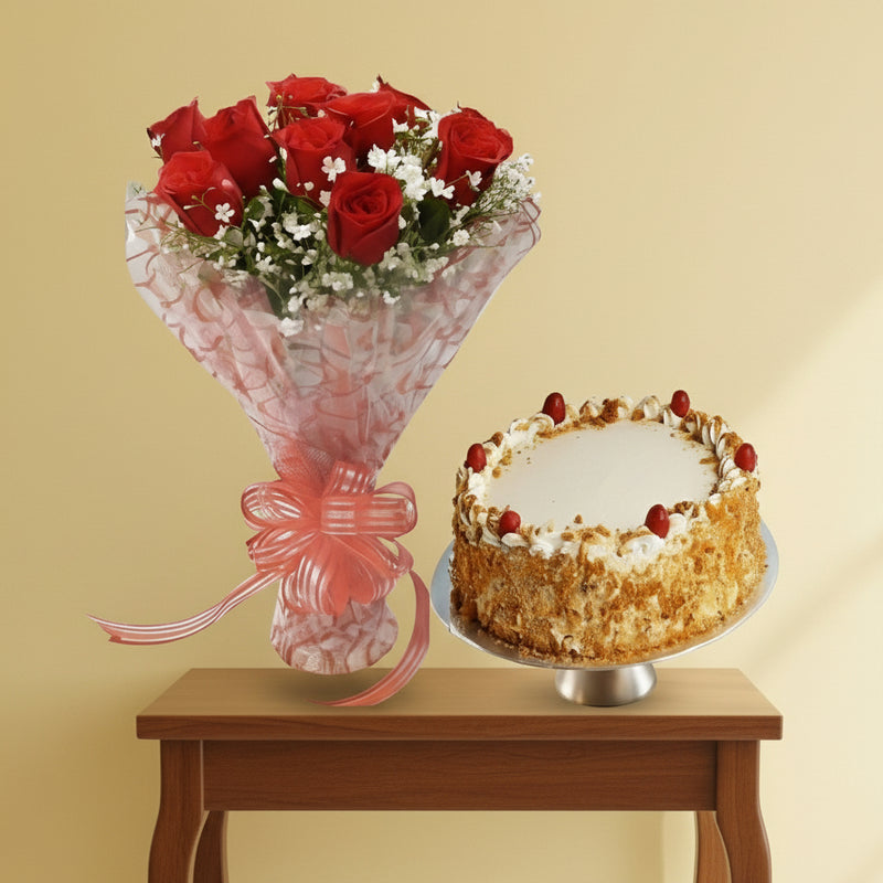 ButterScotch Cake With Bunch of Red Roses - India