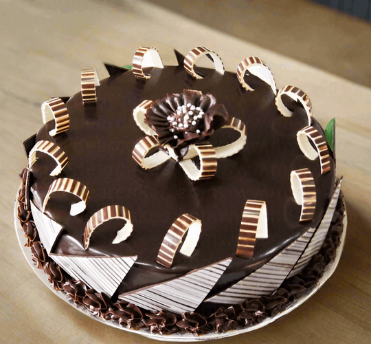 Striped Decor Chocolate Delight Cake — dark glaze and striped decorative curls; India