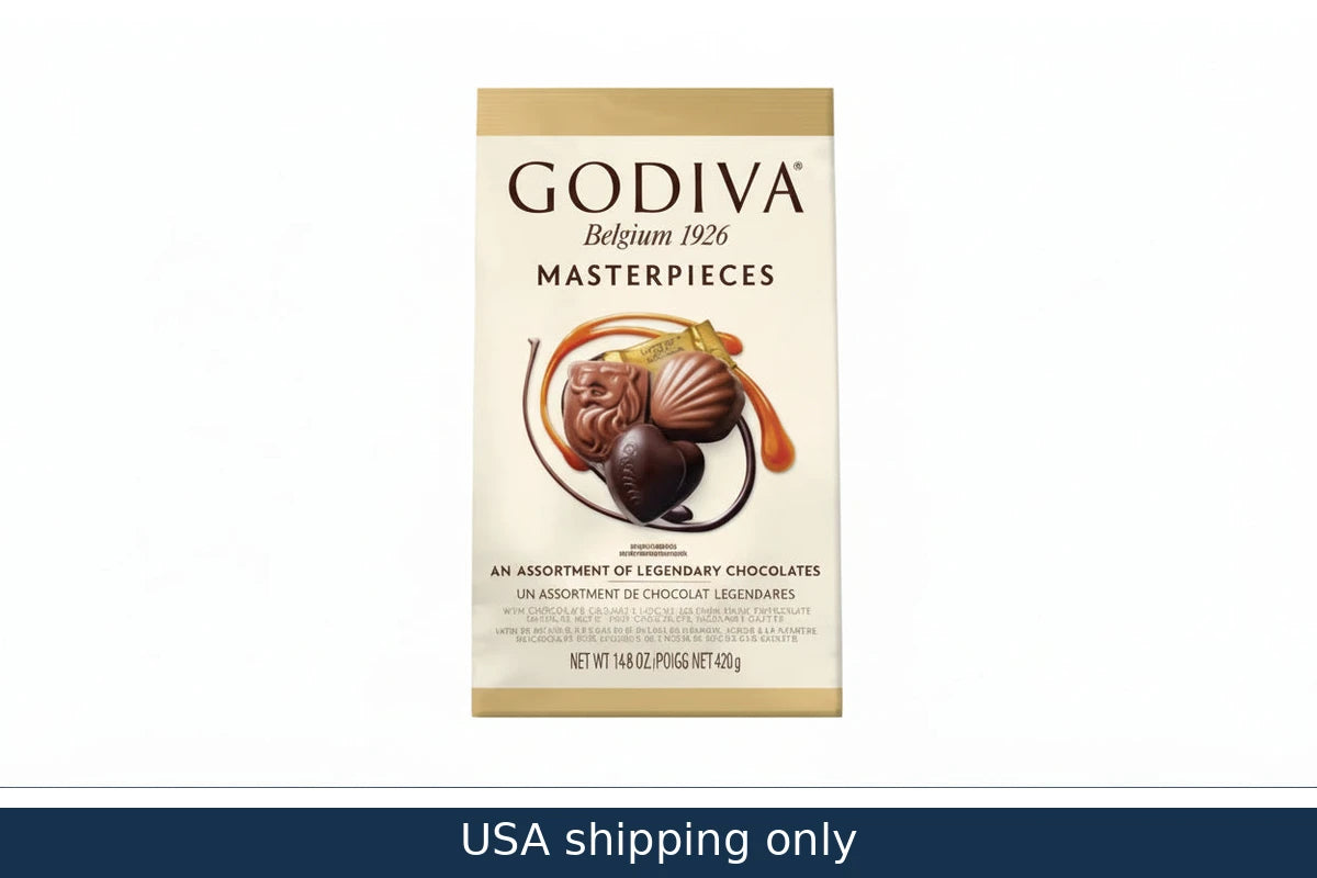 Godiva Masterpieces chocolate assortment packaging on a white background